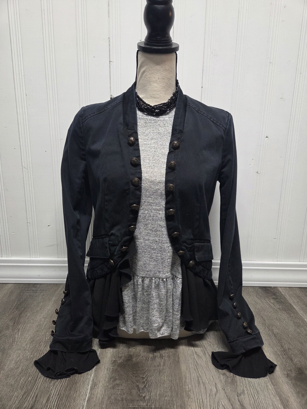 Free People Black Military-Style Ruffle Hem Blazer